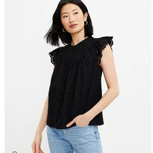 Loft Small Black Eyelet Romantic Smocked Neck Top - Picture 1 of 12